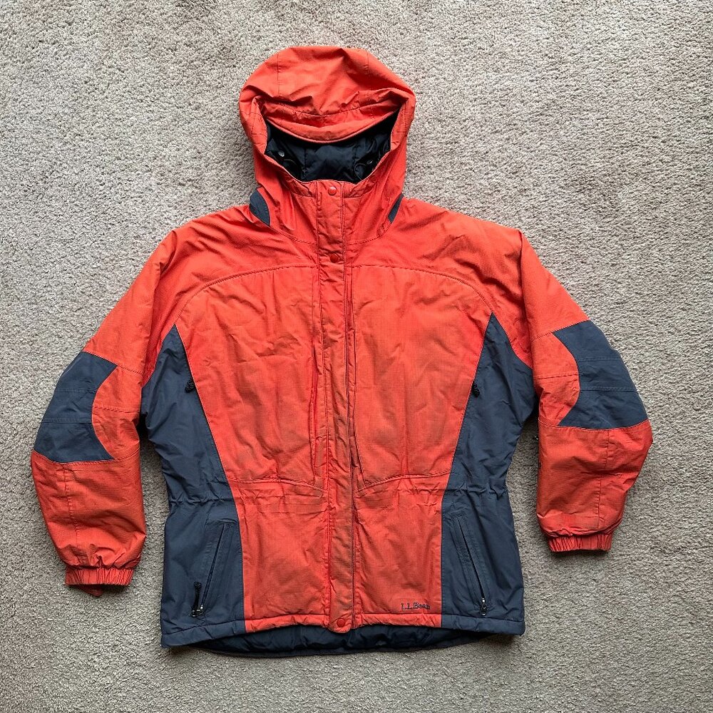 LL Bean Jacket Womens Petite Large Goretex Primaloft Full Zip Hood Orange